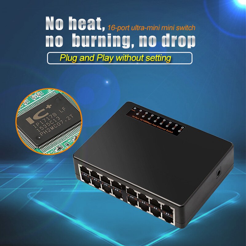16- poorts netwerkswitch, snel ethernetnetwerk lan,  rj45 vlan smart switcher, 10/100 mbps hub voor desktop-pc met eu/vs-adapter