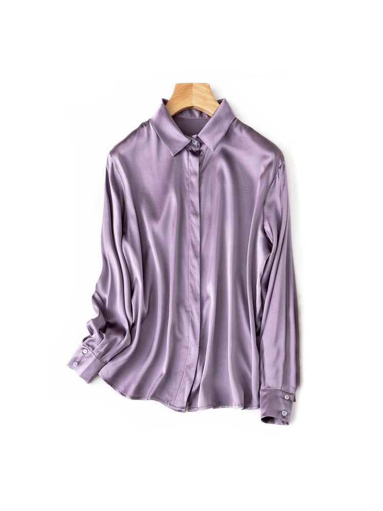 SuyaDream-camisas lisas de seda 93% auténtica para mujer, Blusa de manga larga de 7% licra, Top para oficina, primavera y otoño, 2022: XXL / Lavanda