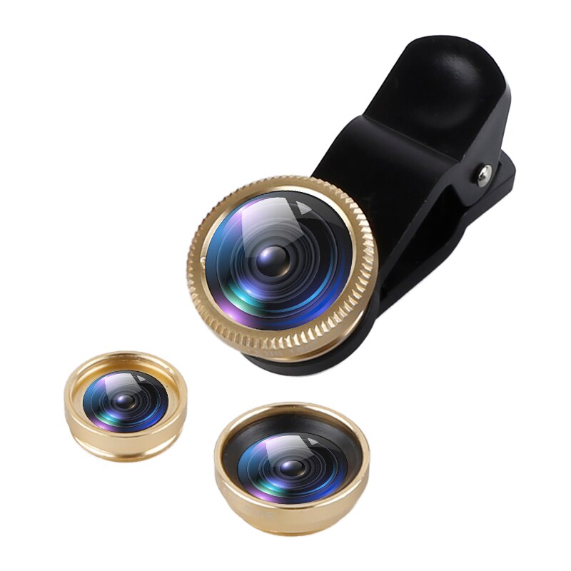 3-en-1 grand Angle Macro 180 ° Fisheye objectif caméra Kits téléphone portable poisson yeux lentilles avec pince 0.67x pour iPhone Samsung Xiaomi: Or