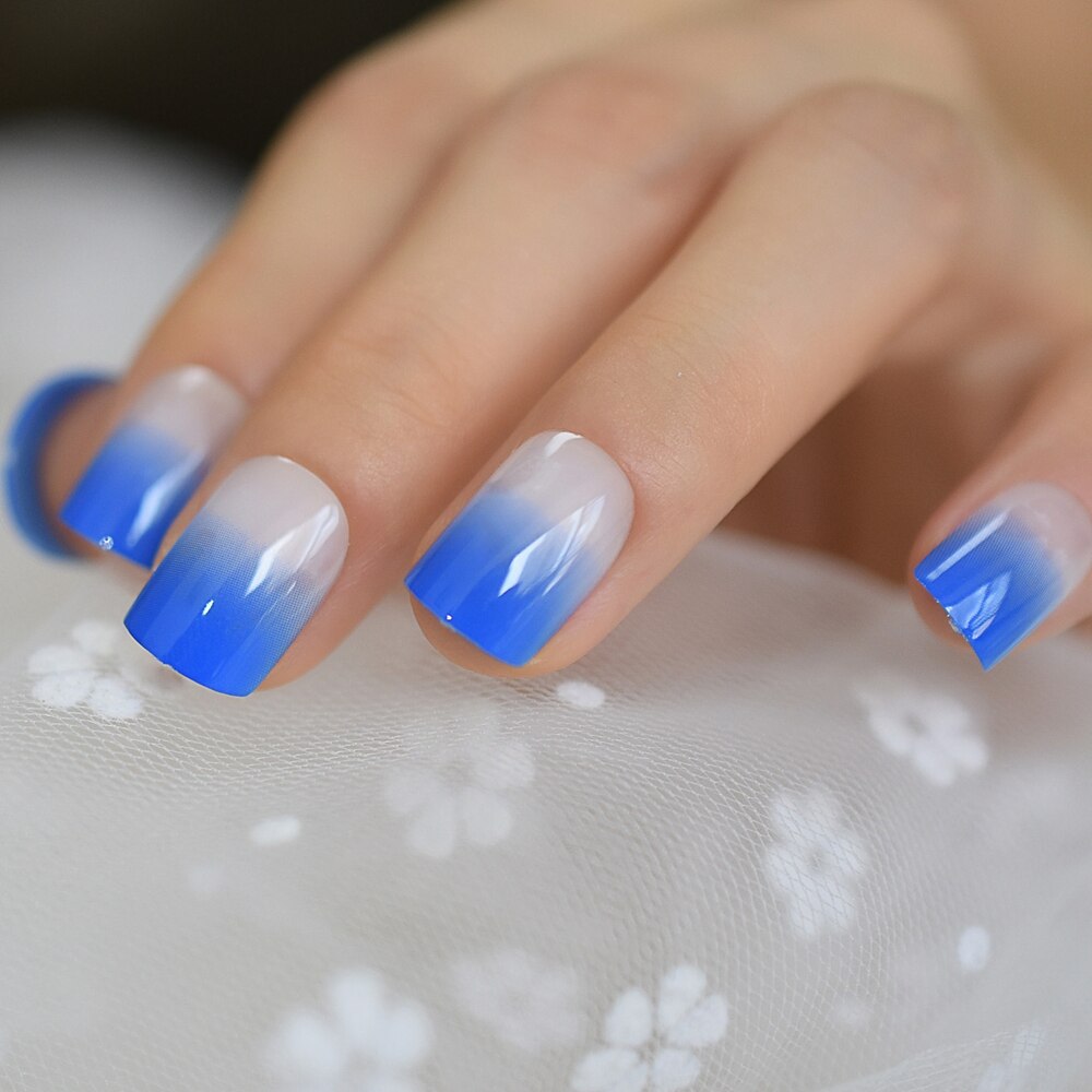 Faux-ongles pour French manucure, bleu diamant, Ombre, à pression, carré brillant, par les dames, 24 Ct