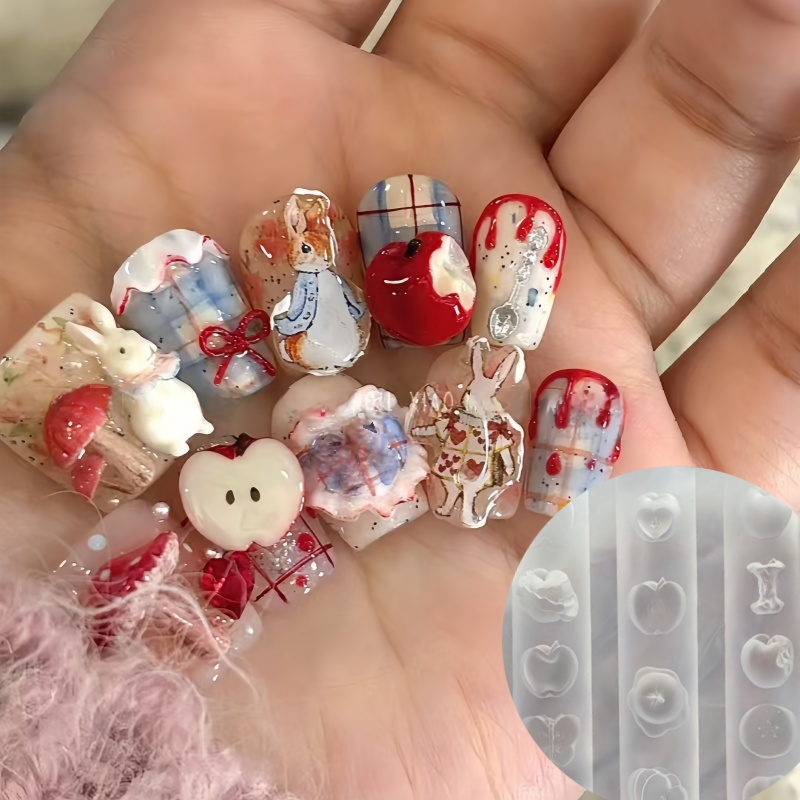 1 molde de oso de peluche de manzana de dibujos animados 3D, 7,5*7,5 cm, molde para decoración de uñas con de frutas de dibujos animados, producción creativa de arte de uñas DIY y