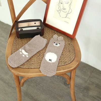 Winter Soft Brushed Thick Cute Cartoon Animal Bear Ears Warm Ladies Floor Sock Coral Half Velvet Women's Socks: 1