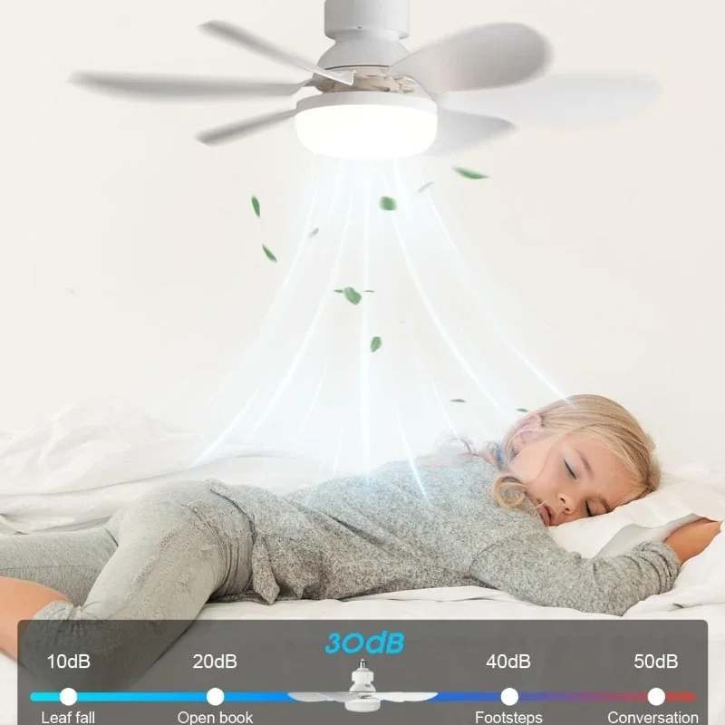 Ventilador de teto com soquete com luz com controle remoto regulável com 6 lâminas para quarto, cozinha e salas pequenas