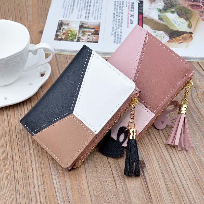 Short Women Wallets Cute Tassel Zipper Purse Patchwork Panelled Wallet Trendy Coin Purse Card Holder Leather