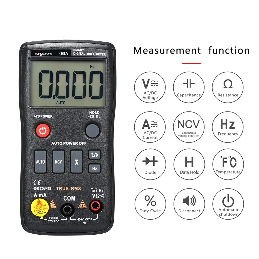 RICHMETERS RM408A AC/DC Voltage Digital Multimeter 8000 Counts True-RMS Auto Ranging Temperature Measuring Meter Light Backlight