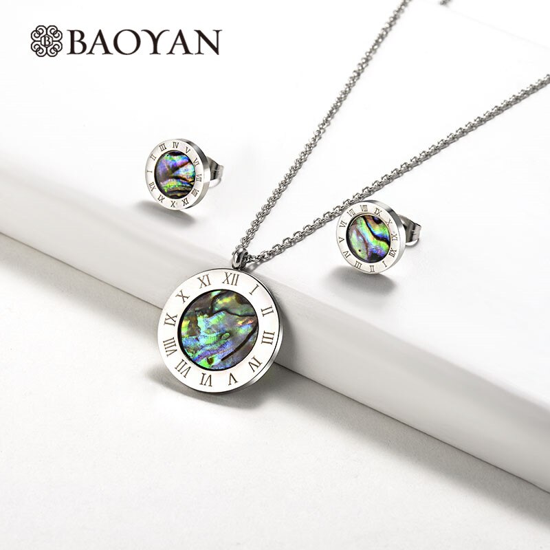 Baoyan Abalone Shell Sieraden Set Ronde Romeinse Cijfers Roestvrij Stalen Sieraden Sets Bruids Sieraden Sets Voor Vrouwen: Silver