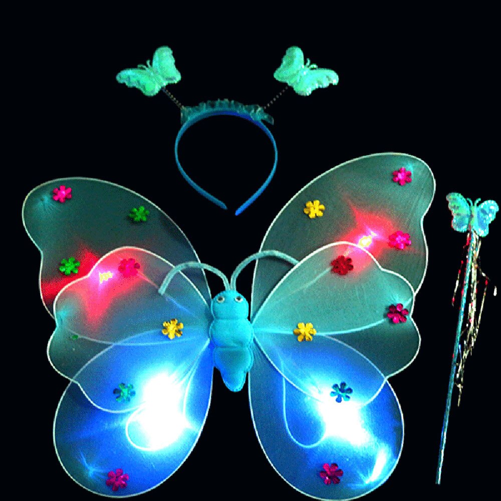 3 Stks/set Dubbele Lagen Meisjes Led Knipperlicht Fairy Butterfly Wing Toverstaf Hoofdband Kostuum Speelgoed