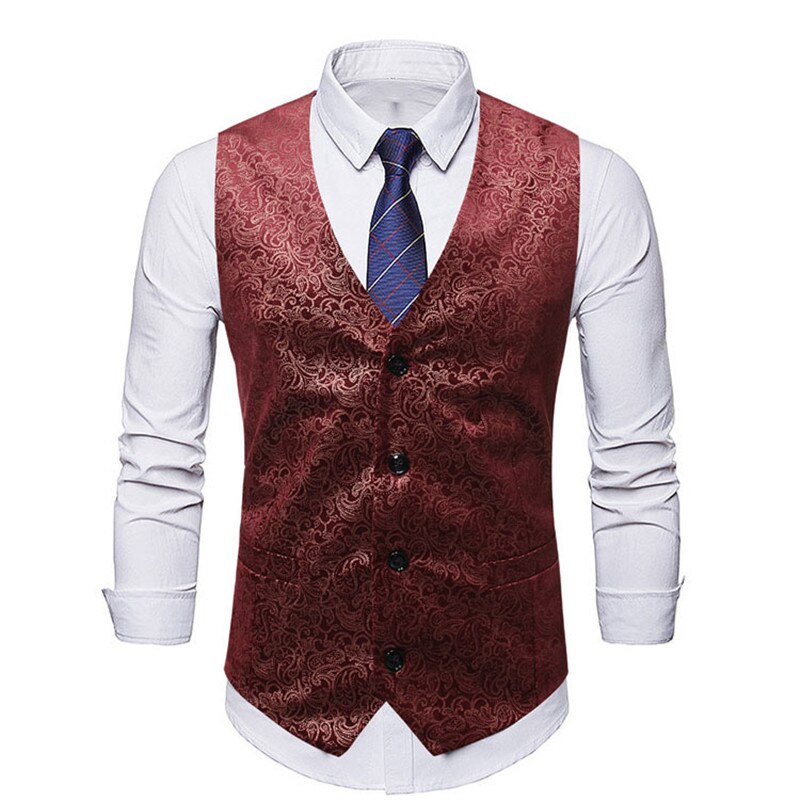 Männer Paisley Samt Anzug Weste Formale Geschäft Weste Kleid Weste Weste Männer schlank passen Hochzeit Rauchen Westen männlichen Gilet: Wein rot / L