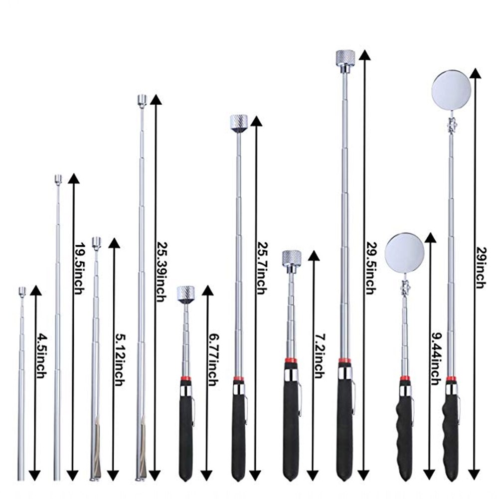5PCS Portable Telescopic Easy Magnetic Pick Up Rod Stick Extending Magnet 360 Swivel Inspection Mirror with LED Light