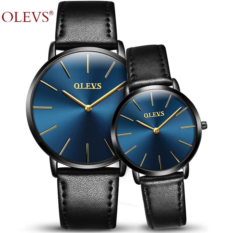 Olevs lovers horloges voor heren, dameshorloge met imitatieleren band, quartzhorloge, herensporthorloge, dameshorloge, dameshorloge, paar, doos: Blauw