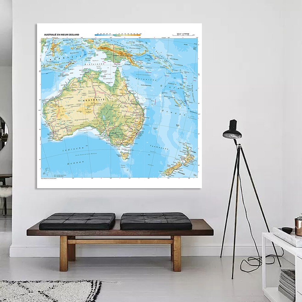 150*150cm Topographic Map of Oceania In Dutch Wall Poster Vinyl Canvas Painting Classroom Home Decoration School Supplies