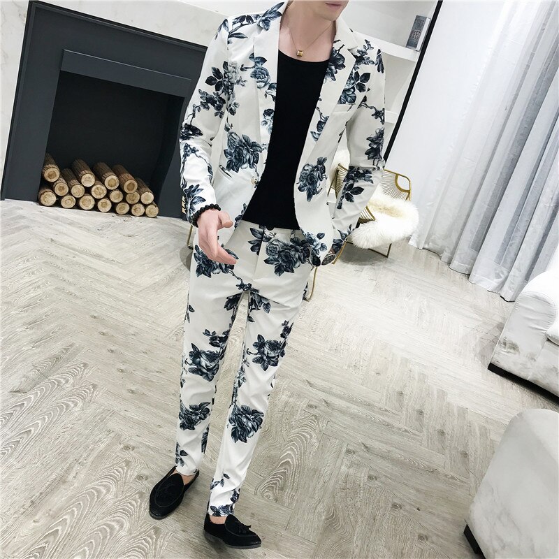 Efterår hvid herre jakkesæt todelt sæt slim jakkesæt blazer jakke & bukser