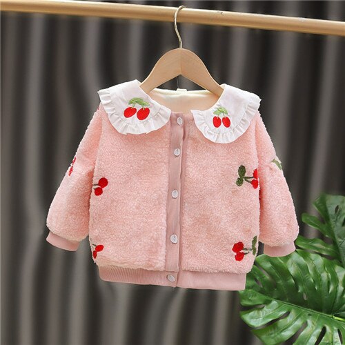 Baby Meisje Kleding Herfst En Winter Meisjes Plus Fleece Jas Babykleertjes Fruit Patroon Thicken Winddicht Vest Jas: Roze / 24M