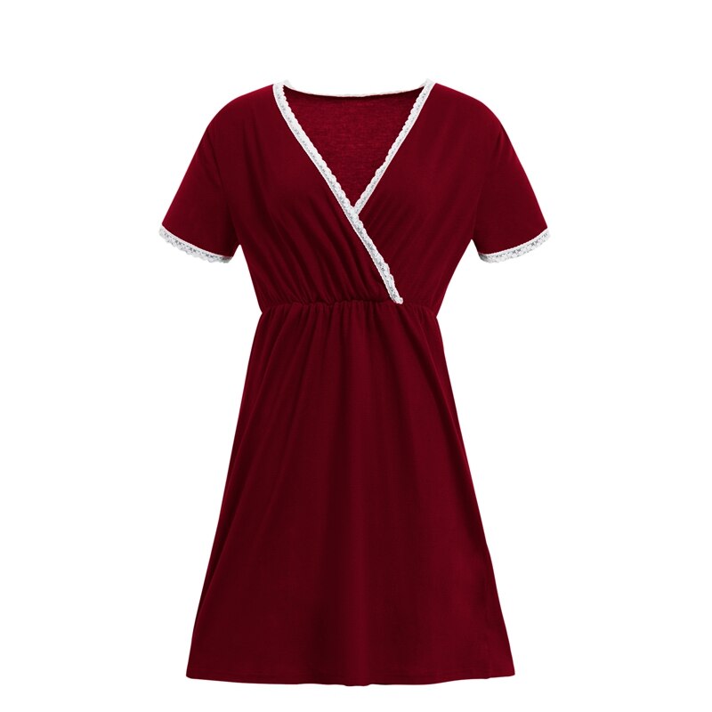 Frauen Mutterschaft Kleid lässig Stillen Pflege Kleid Mutterschaft Pyjama Spitze Nacht Kleid: Wein rot 2XL