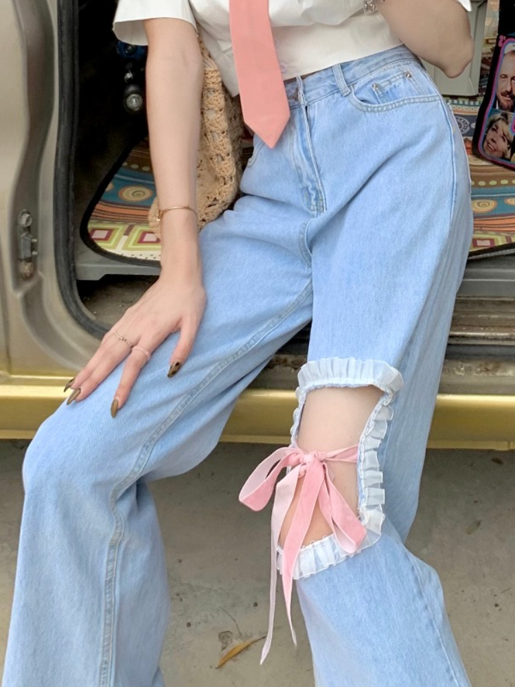 Blue Korean Style Kawaii Sweet Jeans Women Japanese High Waist Casual Cute Jeans Female Bow Bandage Wide-legged Pants Summer