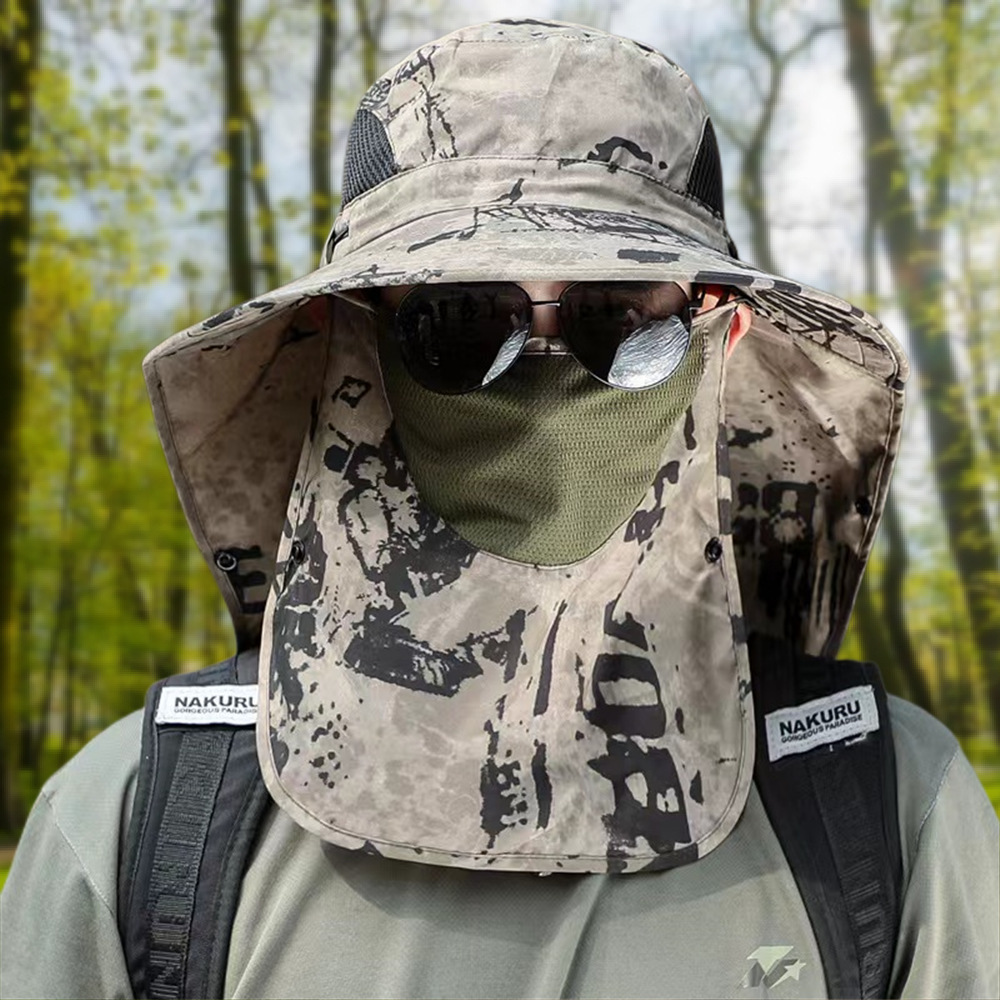 Chapeau Protection Solaire 360° - Large Bord - Chapeau Camouflage Amovible - Casquette Voyage Plein Air Homme: Noir
