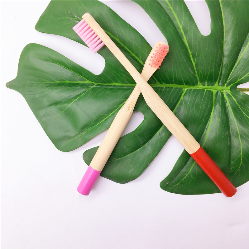 Round handle bamboo toothbrush color bristles set for adults and children: red-2pc