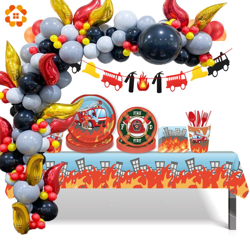 1 Set Firefighter Theme Decoration DIY Spiral Ornaments Fire truck Balloons Disposible Tableware Kids Birthday Party Supplies