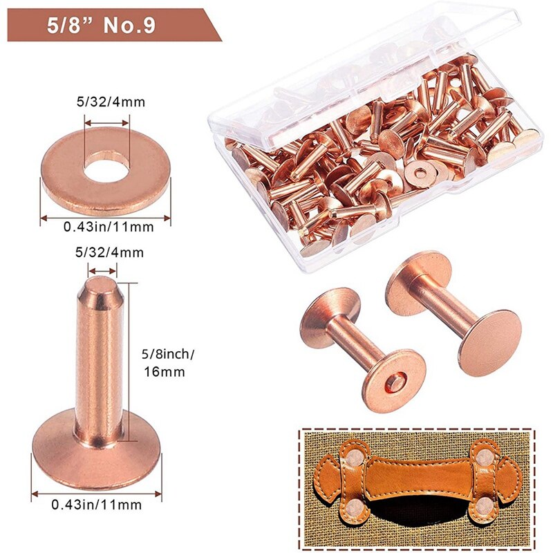 100 Sets Copper Rivets And Burrs Washers Leather Copper Rivet Fastener For Belts Wallets Collars Leather 5/8 Inch