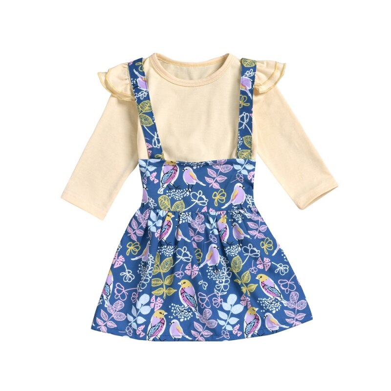 Baby flicka kläder set långärmade t-shirt toppar blommiga klänningar tecknade djur kjol kläder toppar sling kjol set