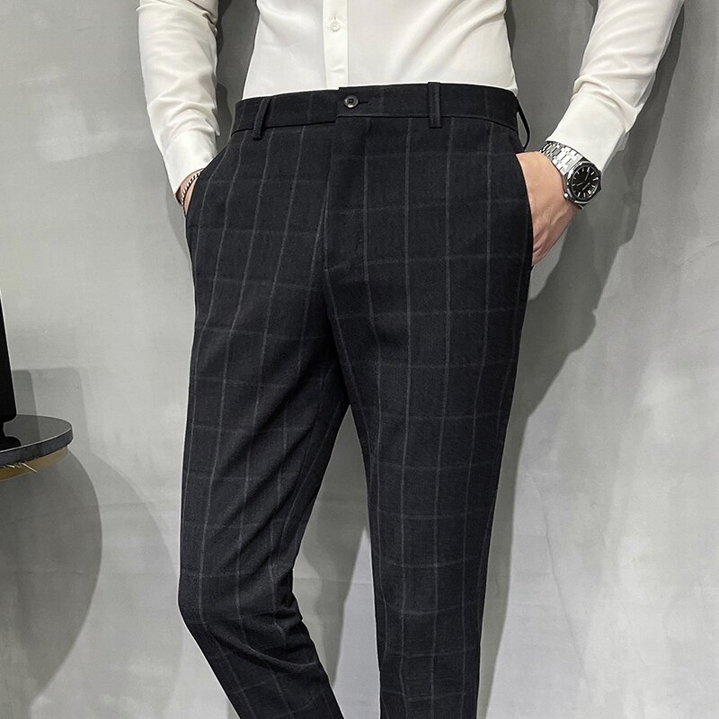 Men's Suit Pants Classic Plaid Business Formal Dress Pant Streetwear Casual Slim Wedding Groom Social Trousers
