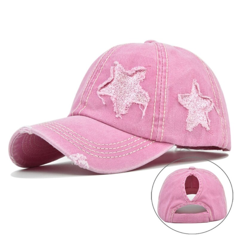 Vrouwen Gewassen Baseball Cap Glitter Ster Borduurwerk Verontruste Paardenstaart Gat Hoed