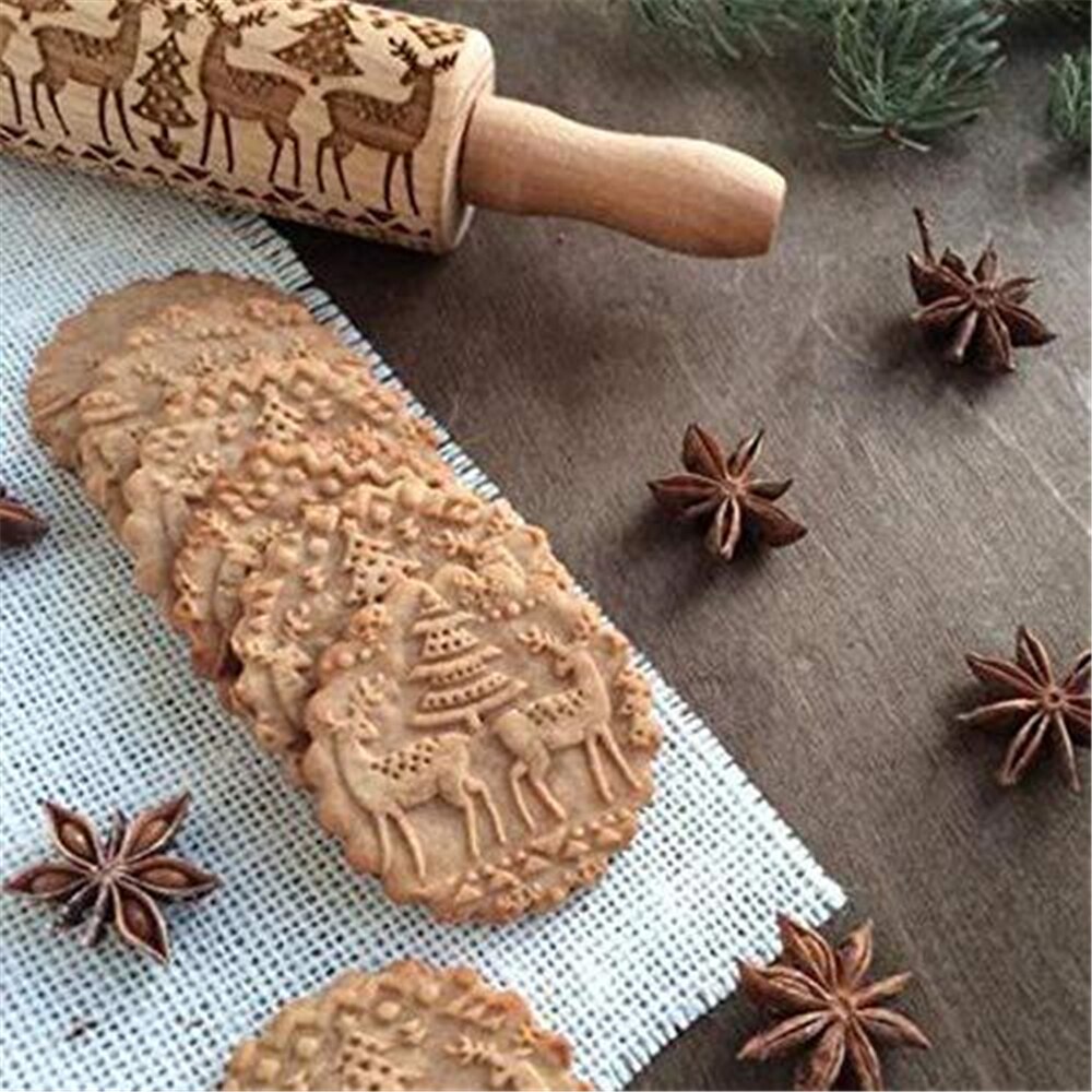 Kerst Embossing Roller Pastry Cookies Noodle Biscuit Fondant Cake Plak Gegraveerde Tool Rendier Sneeuwvlok 35x5 cm Keuken Tool
