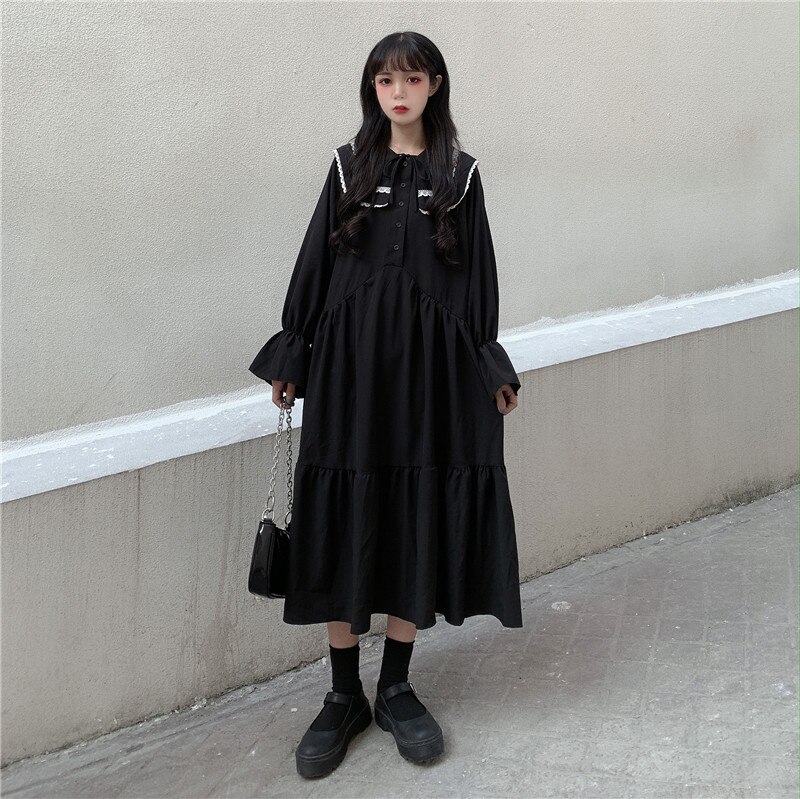 Japanse stijl schattige losse poppenkraag met belletjesmouw midi marineblauwe collegejurk voor dames, japanse schooluniform, matrozenjurk