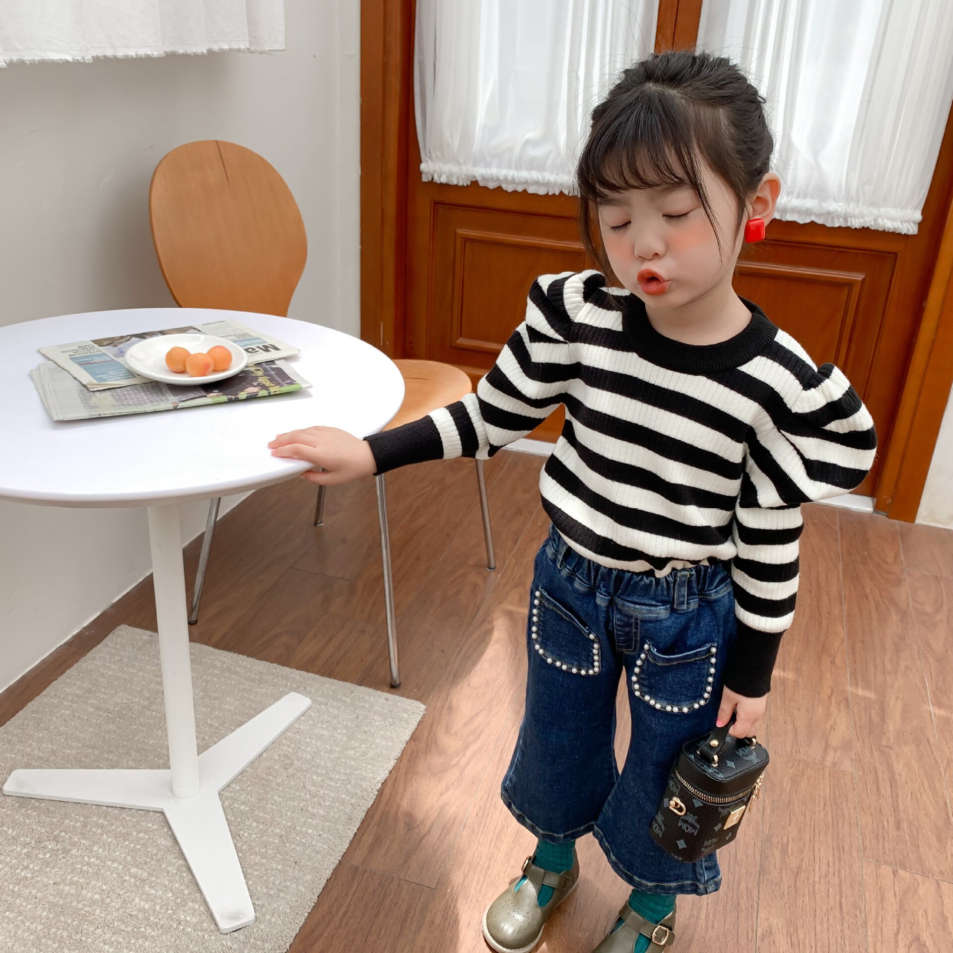 Høst jenter stripete gensere låve gensere gensere låve gensere: Svart / 4t