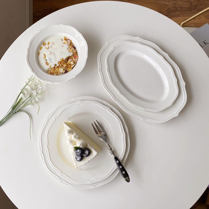 Pure White French Retro Lace Embossed Dinner Plate Simple Ceramic Disc Salad Cereal Breakfast Soup Bowl Kitchen Cheese