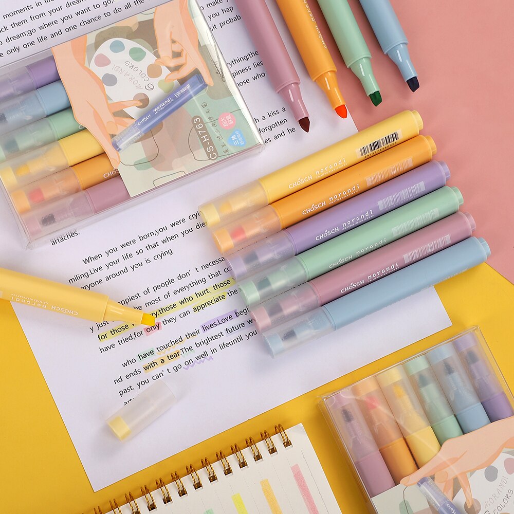 6 Stks/set Morandi Kleur Markeerstift Diy Hoge Capaciteit Student Journal Mark Pen Briefpapier Kawaii Schoolbenodigdheden