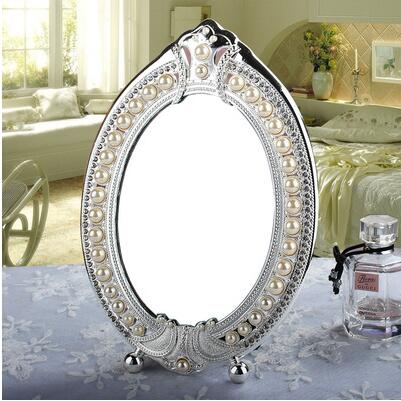 Espelho de mesa de estilo europeu jóias em relevo pérola-inlayed espelho decorativo metal quadro mesa espelhos decorativos 336a: sliver  7inch