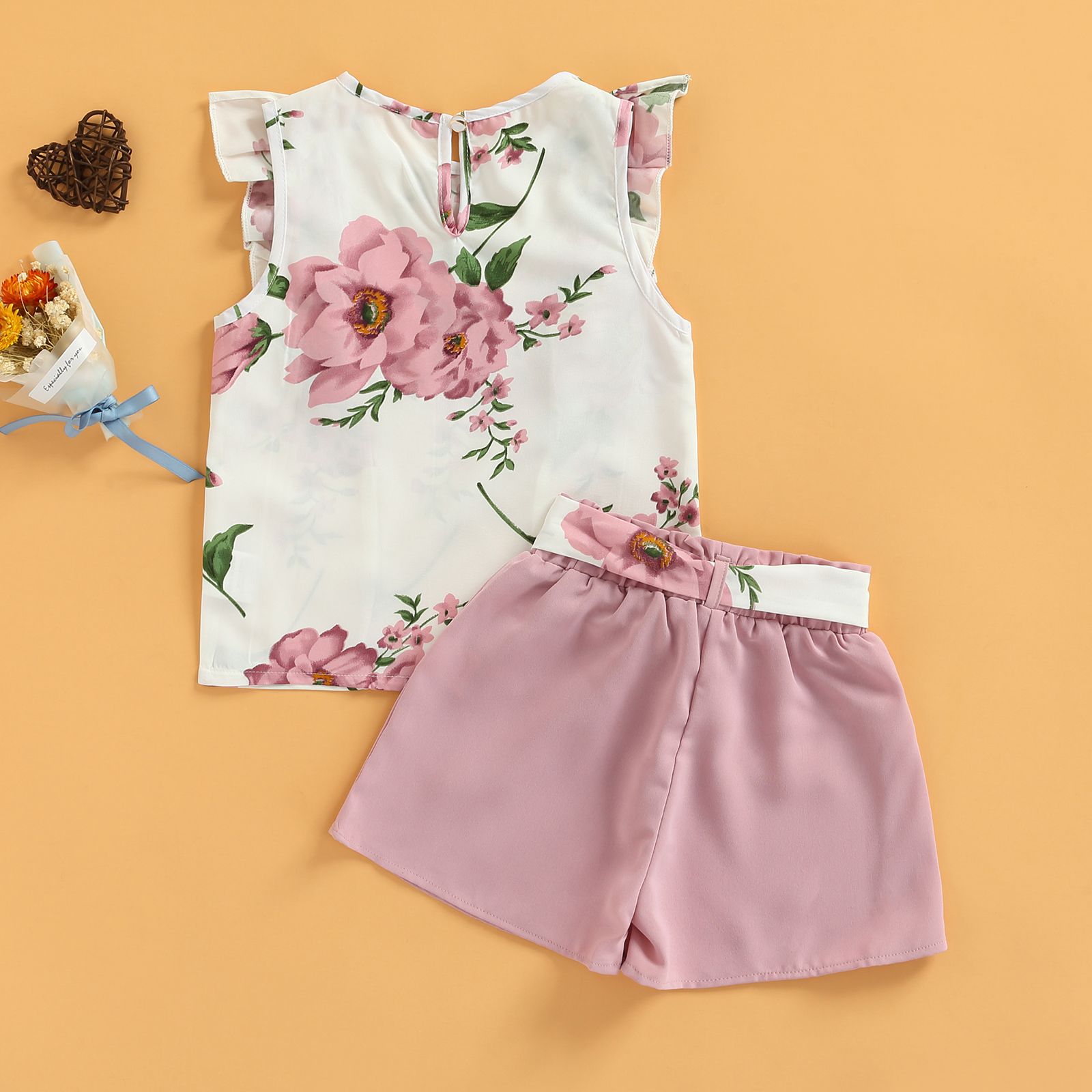 Toddler Kids Girls 2 pezzi Outfit, canottiere senza maniche con volant stampa floreale + pantaloncini elastici in vita con cintura Set estivo 2-7T