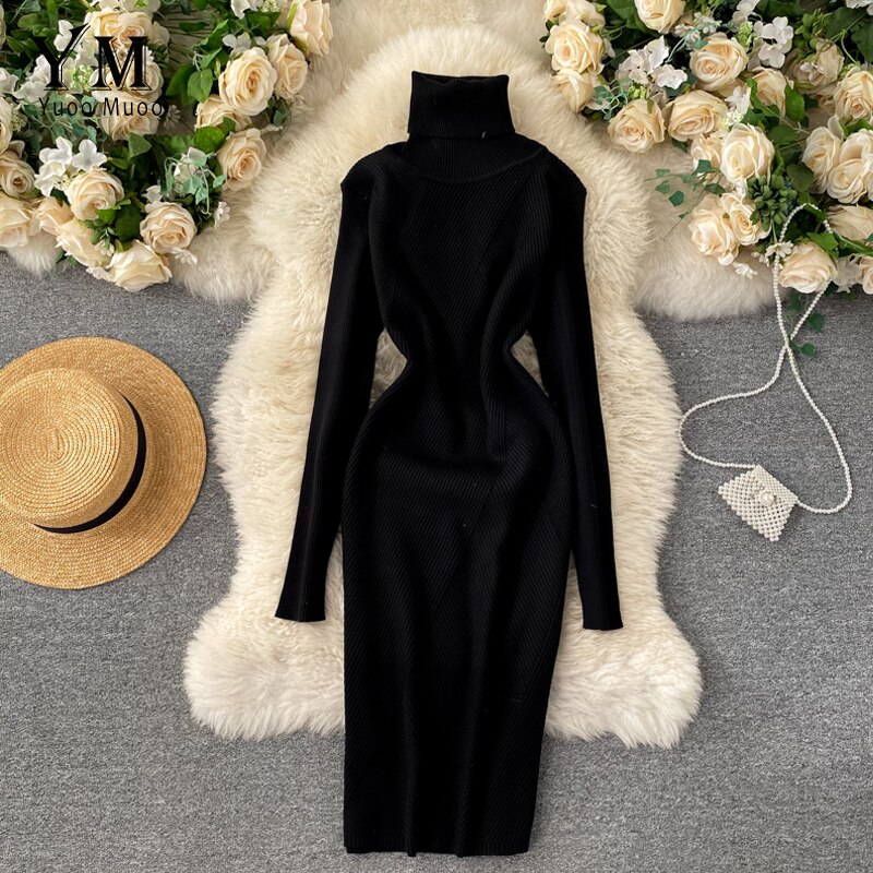 Yuoomuoo Trui Jurk Winter Coltrui Warme Lange Mouw Gebreide Jurk Alle Match Casual Solid Vrouwen Bodycon Jurk