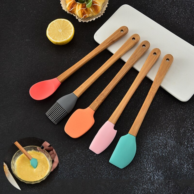 5 Pack Mini Spatels Schrapers Met Bamboe Handvat, Hittebestendige Siliconen Spatel Set, Voor Bakken, Koken, mengen