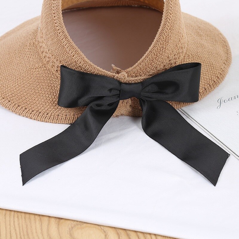 Sombrero de playa con lazo para mujer, gorra de ala ancha plegable, protección solar, visera vacía