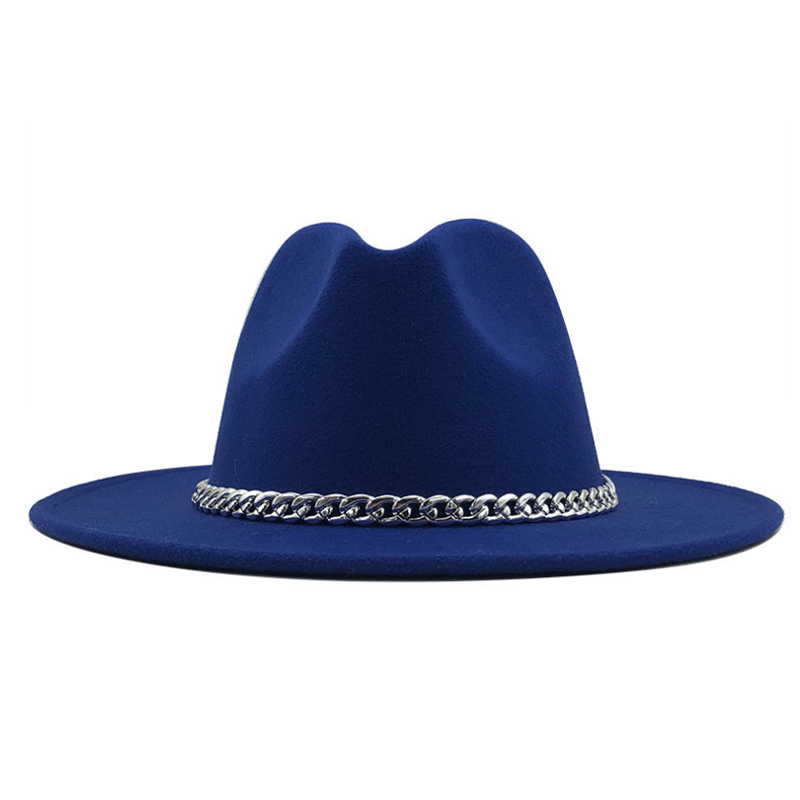 Fedora hat med bred kant rand lmitation uldfilt hatte med metal kæde indretning panama fedoras chapeau sombrero: 3