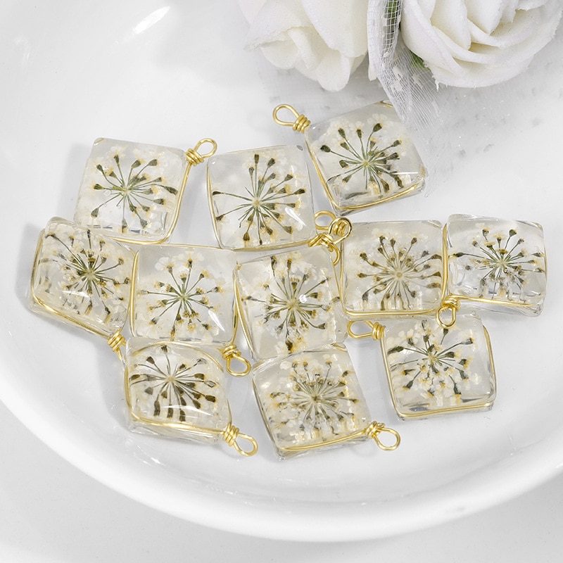 6PCS 16x21MM 24K Gold Color Brass and Glass with Dried Flowers Square Charms Pendants Diy Jewelry Findings