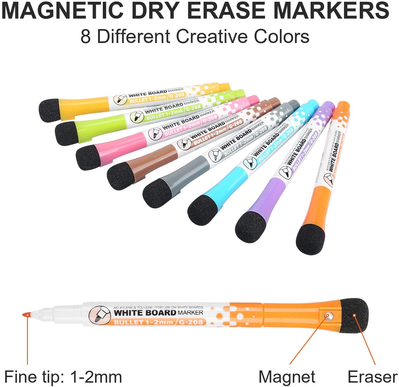 8Pcs Magnetische Whiteboard Marker Witte Raad Witborden Marker Fijne Penpunt Pen Met Gum Rubber Magnetische Marker Borstel koelkast Magneet