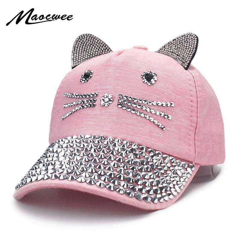 Gorra de béisbol ajustable con orejas de gato para niños, gorro con diamantes de imitación, perlas, ajustable, para primavera y verano