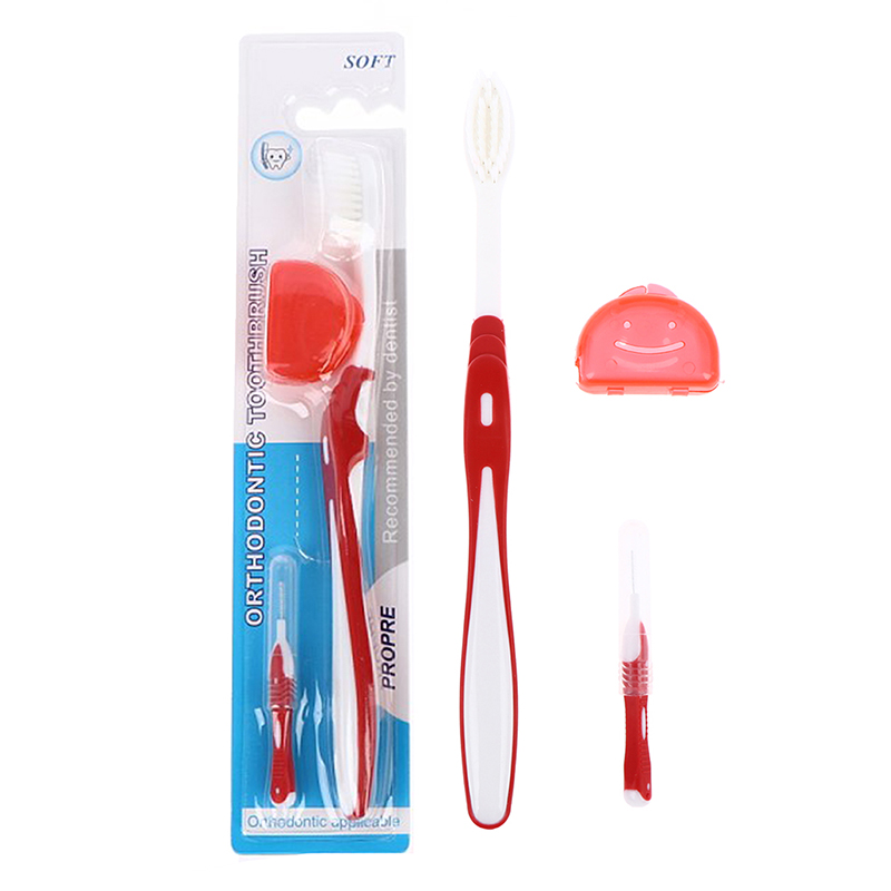 Cepillo de dientes en forma de V para adultos, con funda, Juego de cepillos interdentales, Kit de cepillo de dientes de hilo Dental, limpieza bucal: Rojo