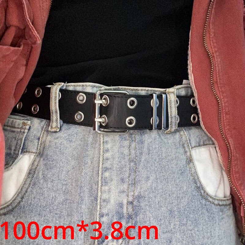 Moda feminina cinto de couro do plutônio novo estilo punk ajustável pino fivela preto bts feminino decorativo livre tamanho grommet cinta 152: two row only belt