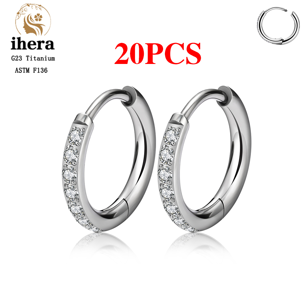 2/20 piezas G23 Piercing de titanio pendientes redondos aros con hebilla de oreja de circón mujeres oreja Tragus cartílago hélice Piercing joyería: Blanco / Color oro puro