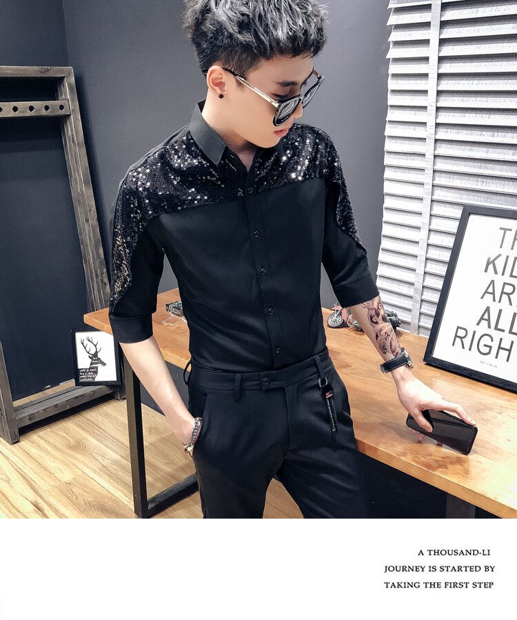 Men&#39;s Sleeve Shirt Personality Sequins Splicing Nightclubs DJ Men&#39;s Trends Youth Slim Handsome Hair Stylist Costumes