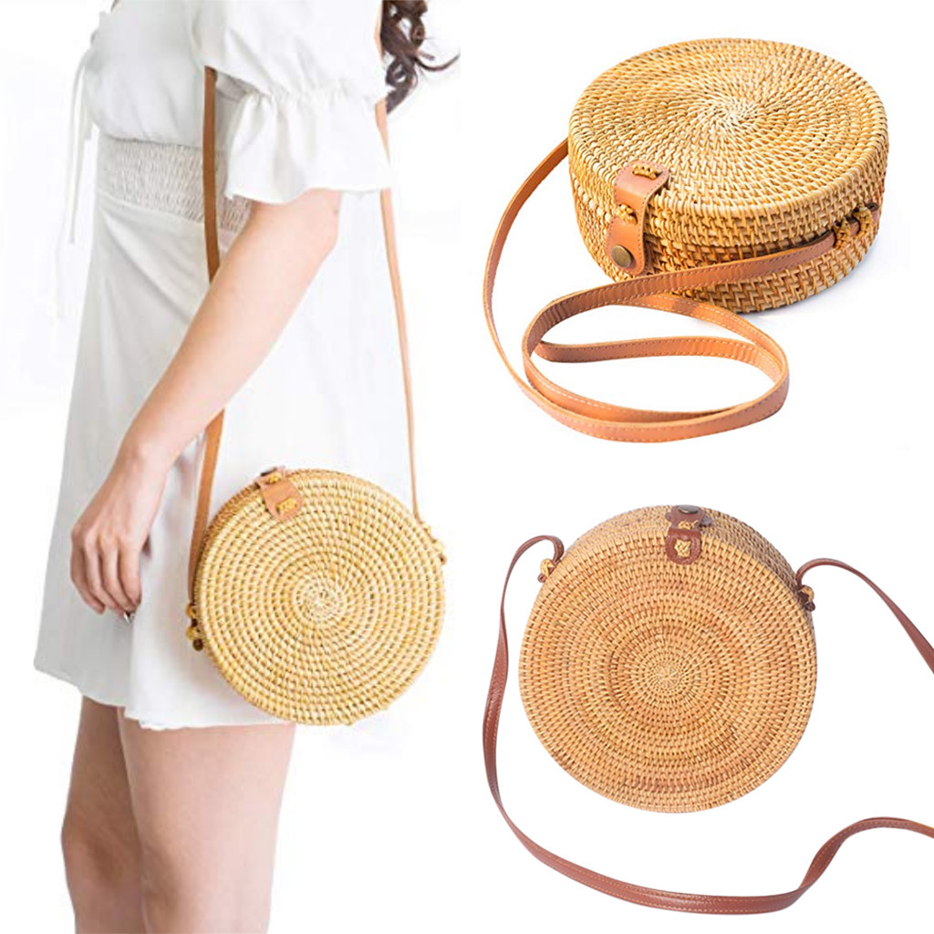 femmes sac à bandoulière cercle tissé à la main Bali rond rétro rotin paille plage sac bandoulière bolsas femininas # YL5