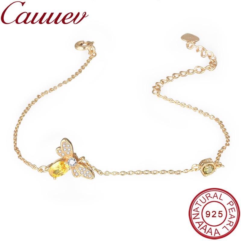 Bee bracelets for women 925 Sterling Silver Jewelry 100% Oval zircon Gold-color Chain Charm Bracelet S925 Jewelry