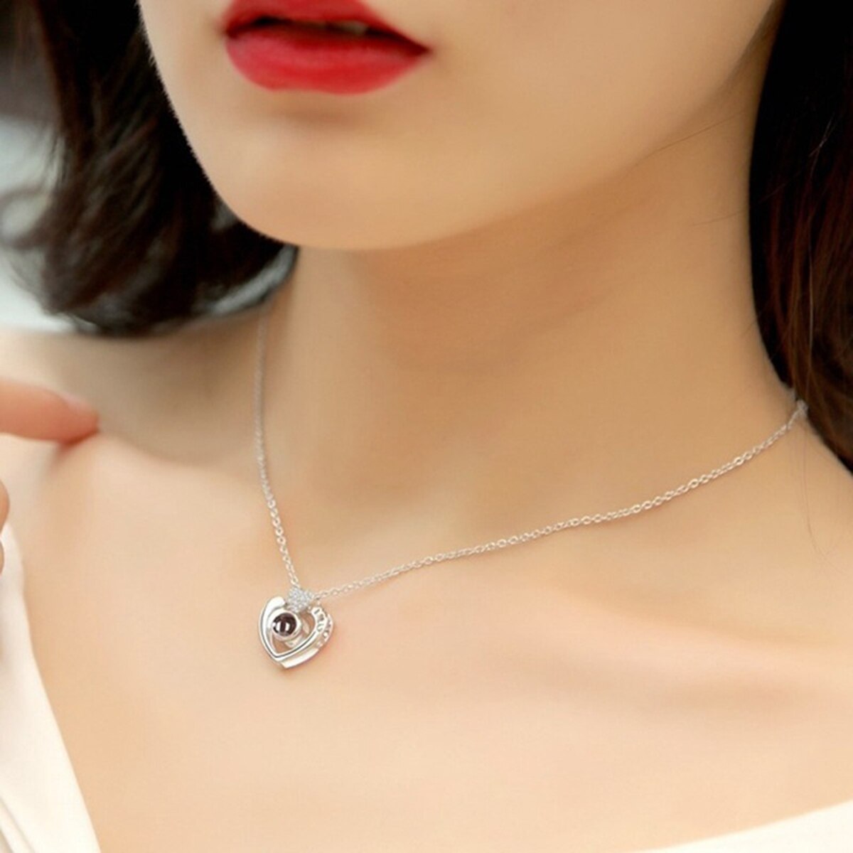 Silver Rose Gold 100 Languages Light I Love You Projection Pendant Necklace Love Heart-Shaped Diamond Necklace