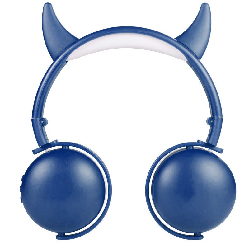 Dessin animé mignon cornes casque Bluetooth casque sans fil casque stéréo pliable Sport écouteur Microphone mains libres enfant enfant: blue