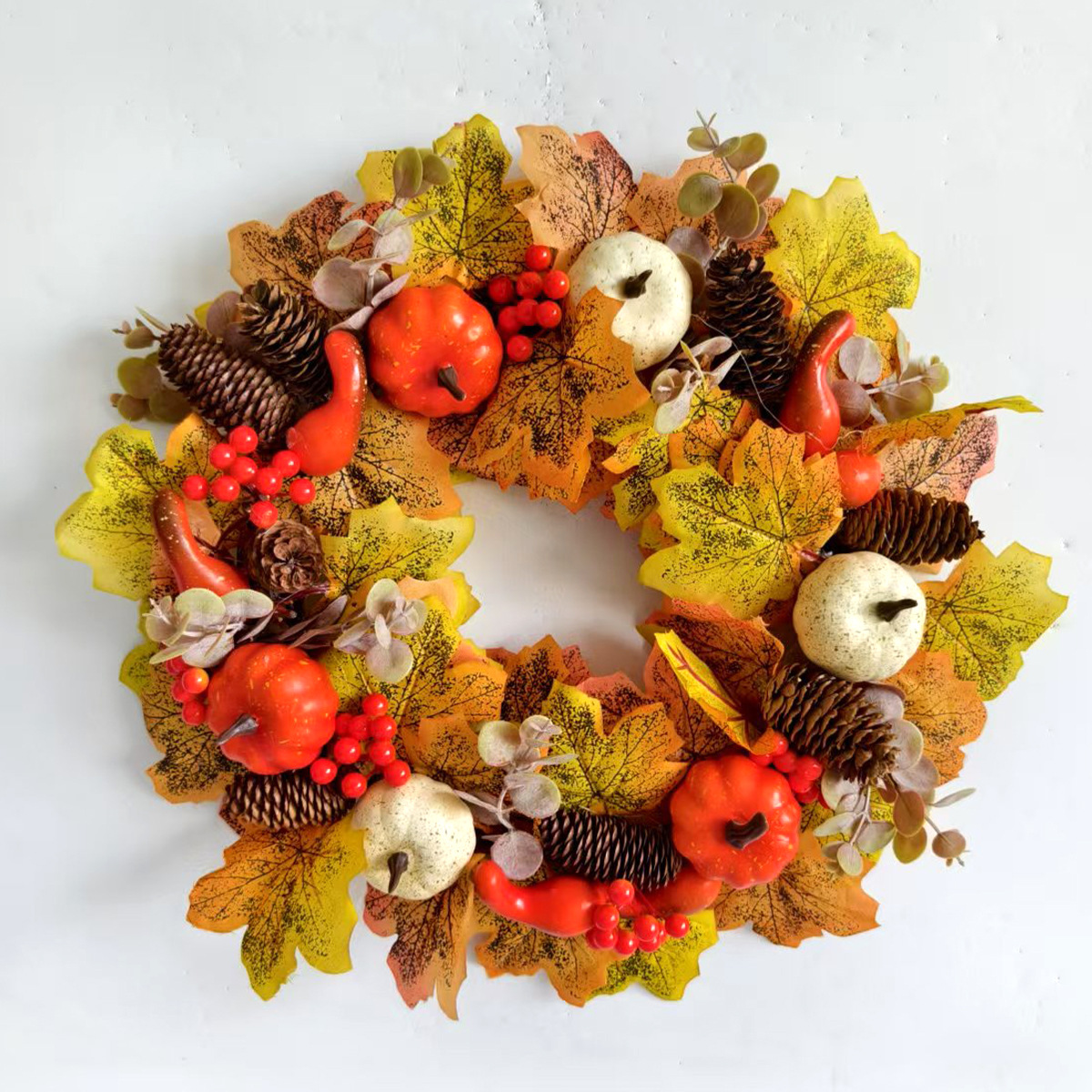 Yannew Fall Wreaths for Front Door Outside Autumn Pinecone Pumpkin Wreath with Maple Leaves Home Patio Thanksgiving Decoration