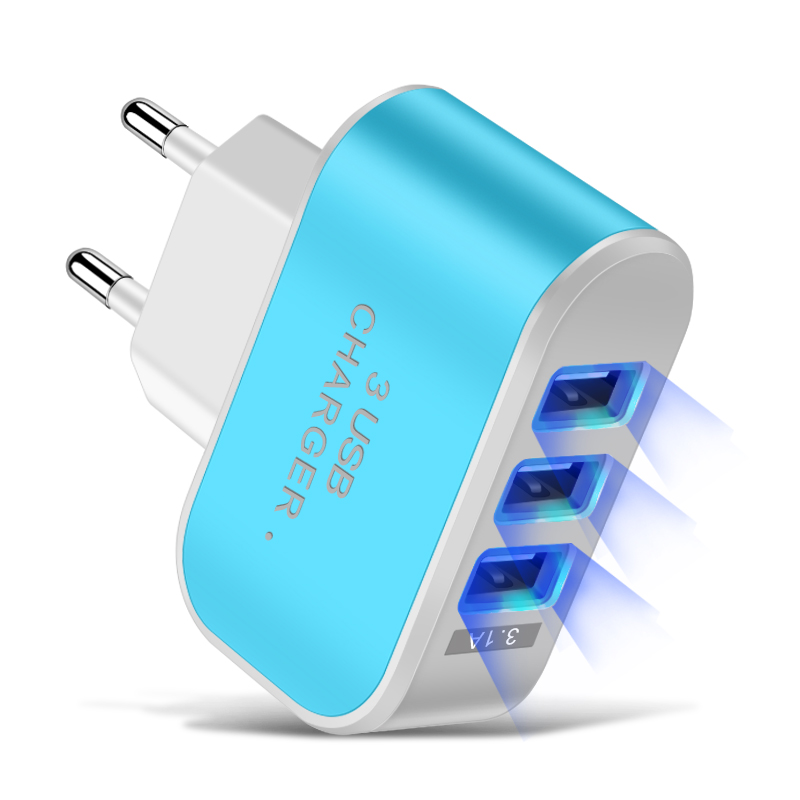 Candy Color 5V 1A US EU Plug 3usb 3 Ports USB Wall Home Charger Adapter For IPhone Samsung OPPO Charging Adapter With Indicator: EU Blue